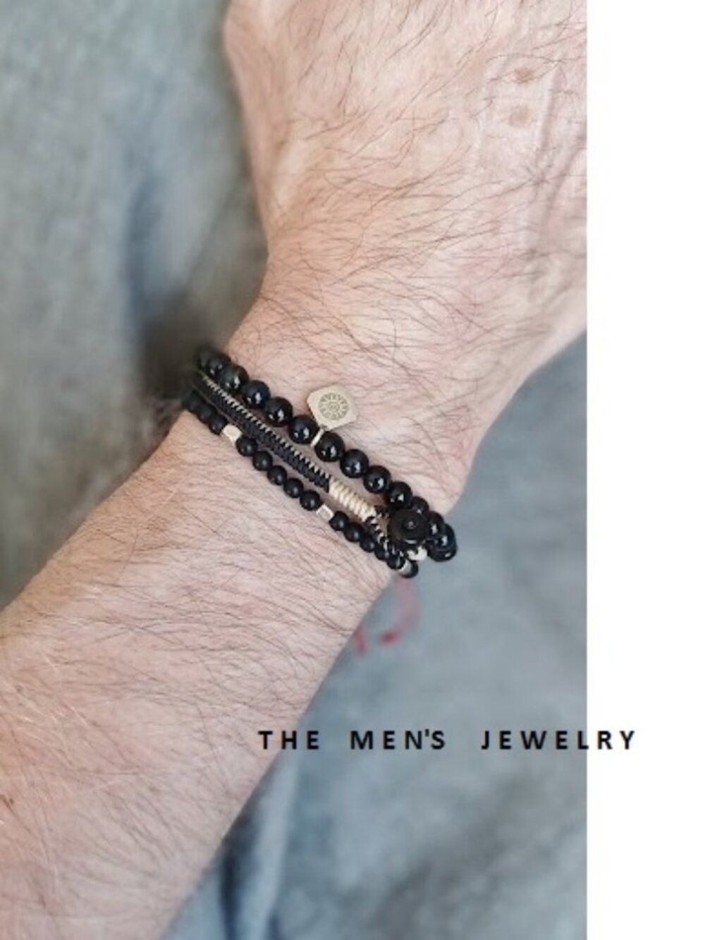 New men's obsidian stone with onyx & silver and hand woven 3 pieces set bracelet
